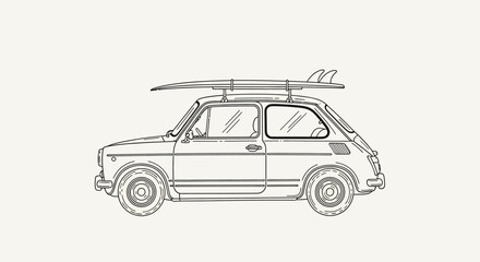 Obraz premium Vintage car with surfboard on top drawing showcases freedom and adventure lifestyle