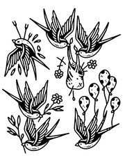 Naklejka premium Dark trad-tattoo style swallow bird symbols sketch set.