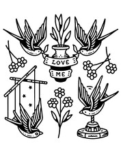 Edgy trad-tattoo swallows, flowers, and 