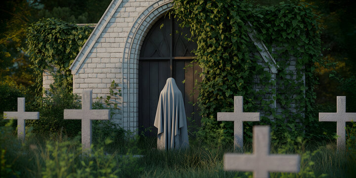 Spectral figure stands at overgrown chapel in ancient cemetery