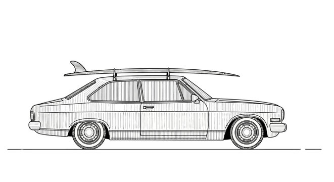 Classic car with surfboard rack line drawing illustration bringing summer vibes