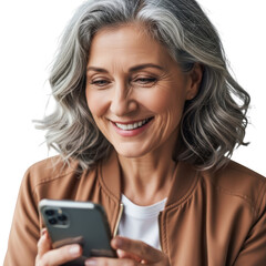 Smiling mature woman looking at her smartphone isolated on transparent background