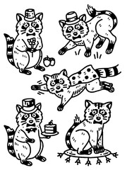 Edgy raccoon characters in top hats holding cake and flower.