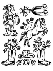 Edgy trad-tattoo style cowboy bunny and wild horse set