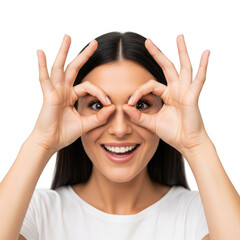 Woman making binoculars gesture with hands isolated on transparent background