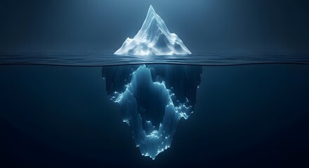 Obraz premium Majestic glowing iceberg partially submerged in deep dark ocean water with light shining from above illuminating its structure