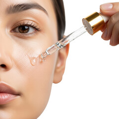 Woman applying serum with dropper to her face isolated on transparent background