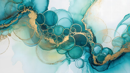 Dynamic Alcohol Ink Art with Turquoise, Teal, Aqua, and Golden Flow - abstract art background