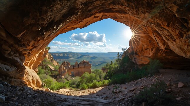 View from inside a dark cave looking out at a vibrant green forest and dramatic rock formations under a cloudy sky