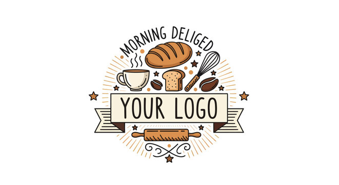 Illustration for bakery or cafe logo with bread, coffee and kitchen utensils