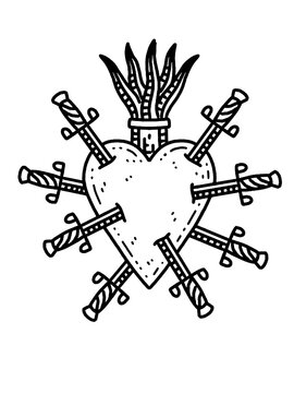 Traditional pierced sacred heart and swords flash art.