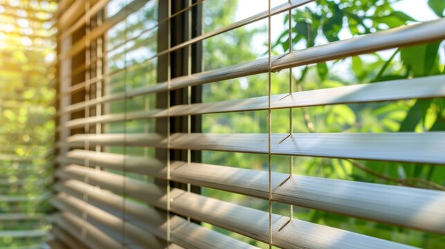 Sunlight Streaming Through Wooden Blinds with Lush Greenery Outside the Window
