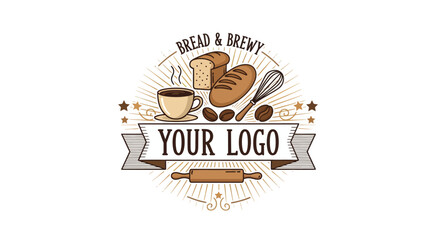 Rustic bakery and coffee shop logo with bread, coffee, and baking tools