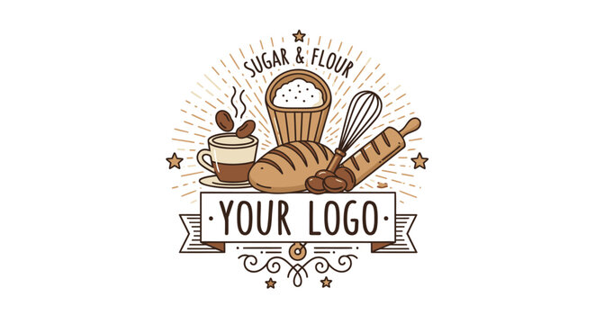 Bakery and coffee shop logo with baking tools and ingredients for design