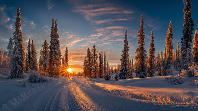 Winter, christmas winter, snowfall in winter golden sunrise illuminates a snowy forest path lined with snowcovered fir trees, casting long shadows across the pristine winter landscape - Powered by Adobe