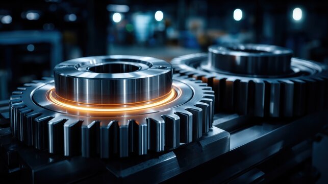 Close-up of metallic gears with illuminated edges, showcasing industrial precision and engineering.