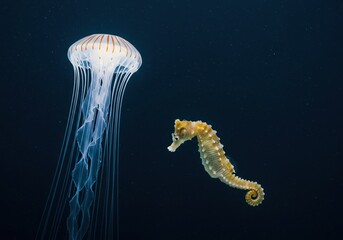 Graceful jellyfish and elegant seahorse swim together in a serene, illuminated deep-sea environment, showcasing marine beauty ,ecosystem ,habitat ,oceanic