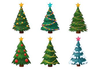 Six decorated christmas trees isolated on transparent background