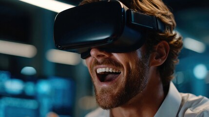 Man smiling with joy wearing VR headset, experiencing immersive virtual reality technology in a modern setting.
