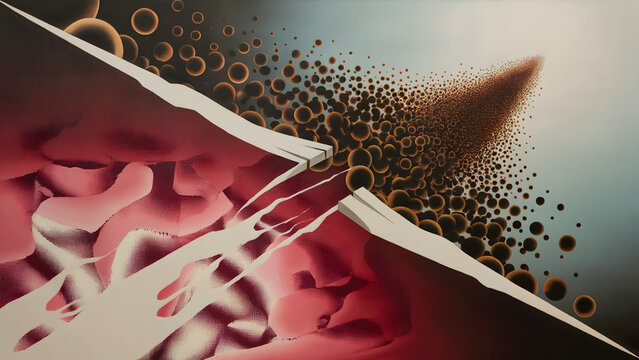 Vivid surrealist fragmented dreamscape painting with diagonal rift and crimson psychological space - conceptual art