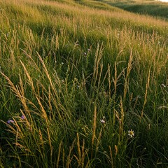 Grassy hillside slopes with tall grasses and wild flowers gently swaying in the invisible breeze. The wind moves through nature's open spaces ,field ,season ,rural