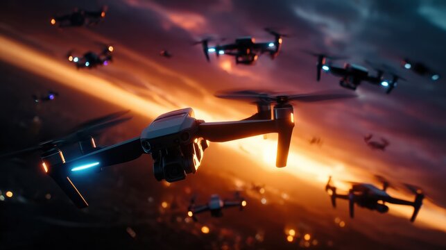 Coordinated drone swarm flying in a vibrant sunset sky, showcasing advanced technology against orange and purple hues, ideal for tech and innovation concepts.