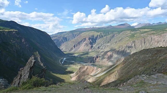 Sunny landscape of the Chulyshman valley in the Altai Mountains, Russia
