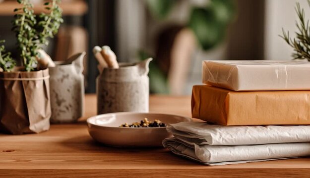 Closeup medium shot of plantbased packaging materials displayed on table emphasizing sustainable and compostable wrapping with softened surroundings