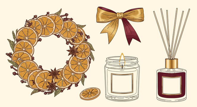 Elegant Candle Studio Vector Elements with dried orange wreath and diffuser for holiday branding