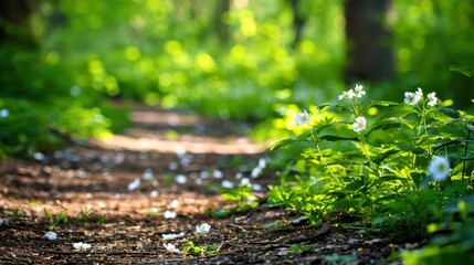 Fototapeta premium Tranquil Forest Pathway with Blooming White Flowers and Sunlight Filtering Through Lush Greenery in a Natural Landscape
