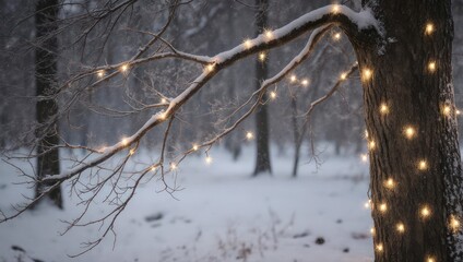 Magical Winter Forest Scene with Twinkling Lights on Snowy Trees.