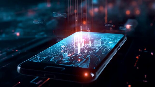 Digital smartphone emitting glowing data streams with illuminated circuitry and floating tech elements creating a high-energy modern technology concept scene - Powered by Adobe