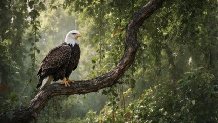 Majestic Bald Eagle Perched on Branch in Lush Green Forest.
