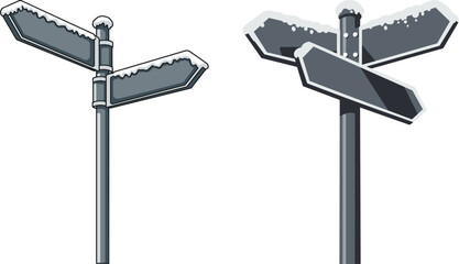 Directional street signs covered in snow against white background  