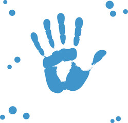 Blue handprint imprint on white background with blue dots  