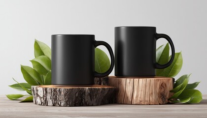 Two Elegant Black Mugs On A Rustic Wooden Surface With Fresh Green Leaves. Mockup Of 11 Oz Mugs From Front And Back.