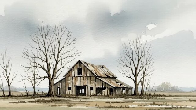 Weathered barn with leafless trees in overcast landscape