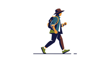 Obraz premium Traveler illustration with hat and backpack stepping forward in a brisk motion with a minimalist