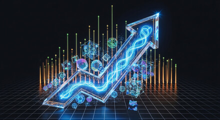 An arrow pointing upward with digital elements, representing growth and advancement