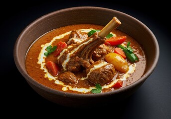 Hearty and delicious lamb curry in a rustic bowl, featuring succulent lamb chunks, colorful vegetables, and a creamy, deeply spiced sauce ,herbs ,creamy ,prepared