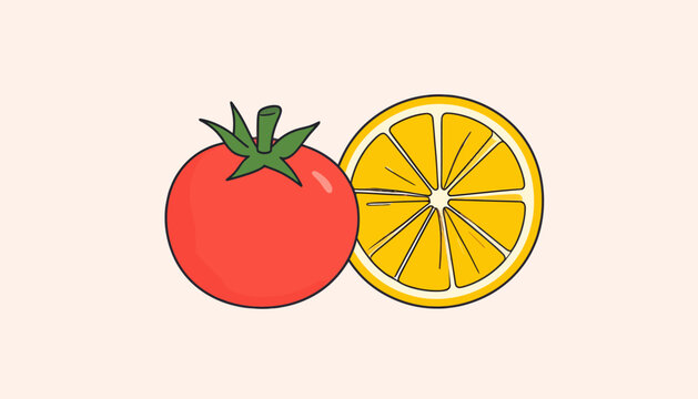 Illustration of a tomato and half an orange on a light background.