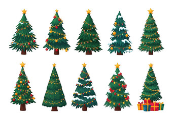Fototapeta premium Collection of ten decorated christmas trees on transparent background