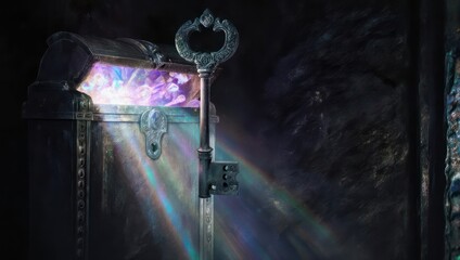 Mysterious Old Key and Glowing Treasure Chest in Dark Room.