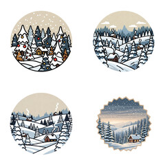 Winter landscape illustrations with snowy trees and cabins  