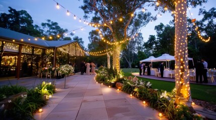 Naklejka premium Elegant outdoor wedding reception with twinkling lights and decorated surroundings