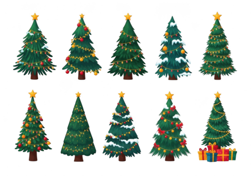 Collection of ten decorated christmas trees on transparent background