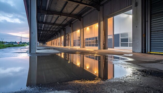 Loading Dock With Corrugated Metal and Reflective Puddles