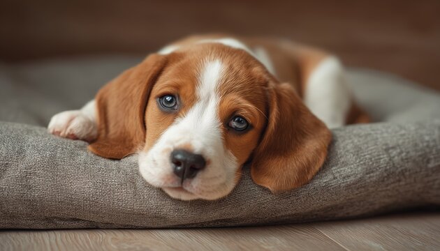 Common Puppy Diseases: Identifying Illnesses To Monitor In Young Dogs. A Beagle Puppy, Ill And Miserable, Resting On A Dog Bed.