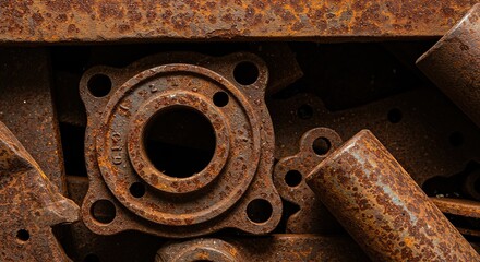 Heavily corroded metal parts, forgotten and discarded, reflect a bygone industrial era. Textured surface shows rust and decay, symbolizing obsolescence ,mechanical ,forgotten ,technology