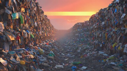 Massive landfill filled with plastic waste, mountains of discarded bottles and containers, environmental pollution crisis, contrast between nature and human impact, dystopian and ecological disaster s